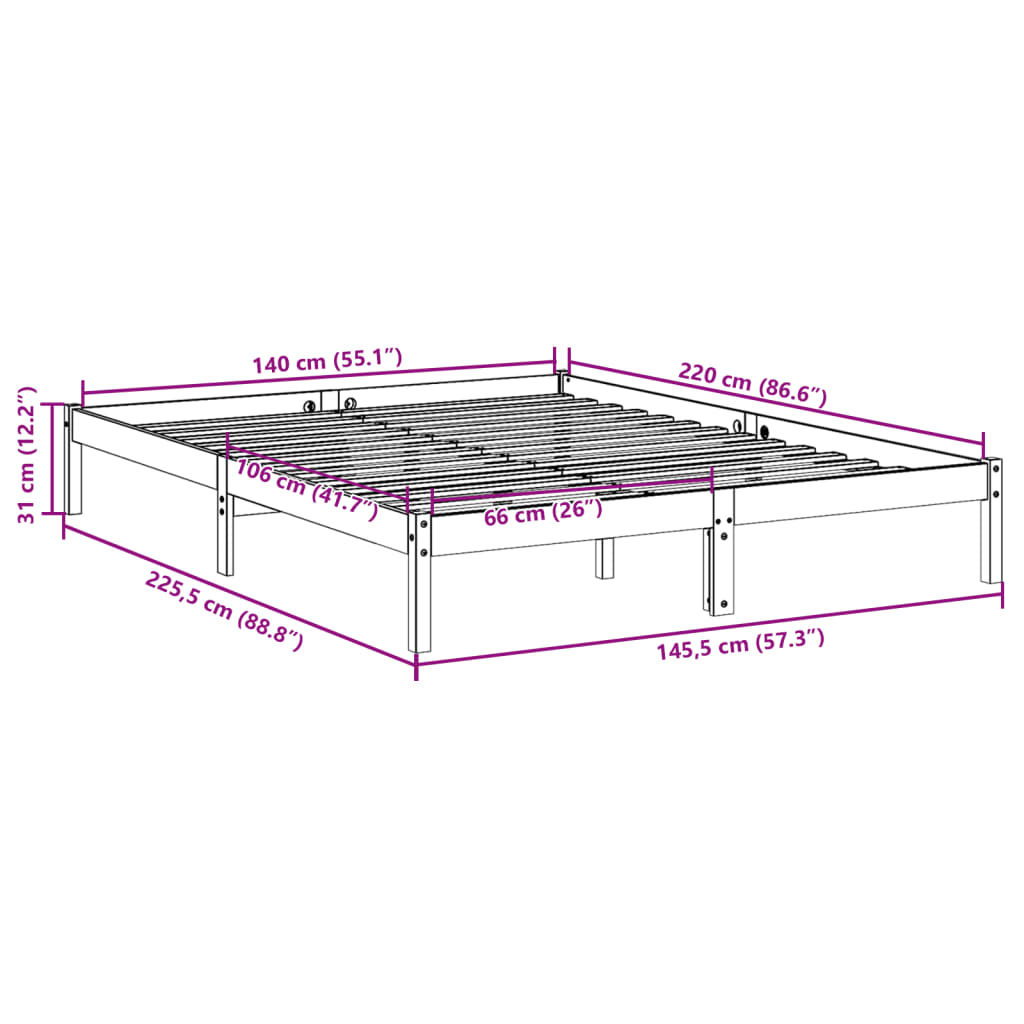 Extra long bed frame without mattress 140x220 cm solid pine wood