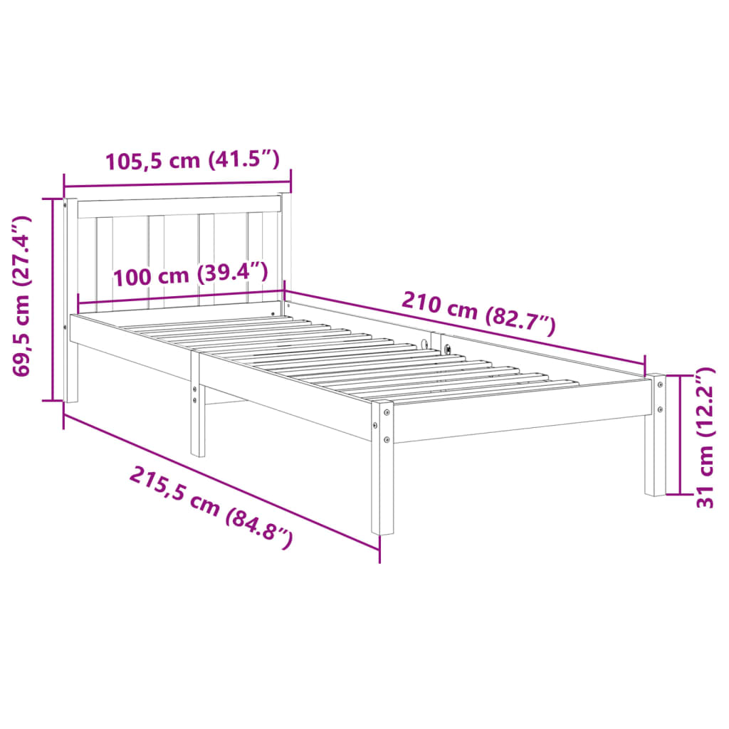 Cadre de lit extra long sans matelas 100x210 cm bois massif pin