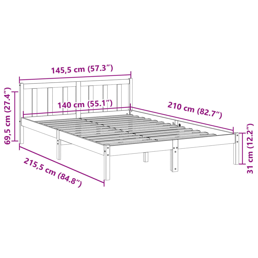 Extra langer Bettrahmen ohne Matratze 140x210 cm aus massivem Kiefernholz