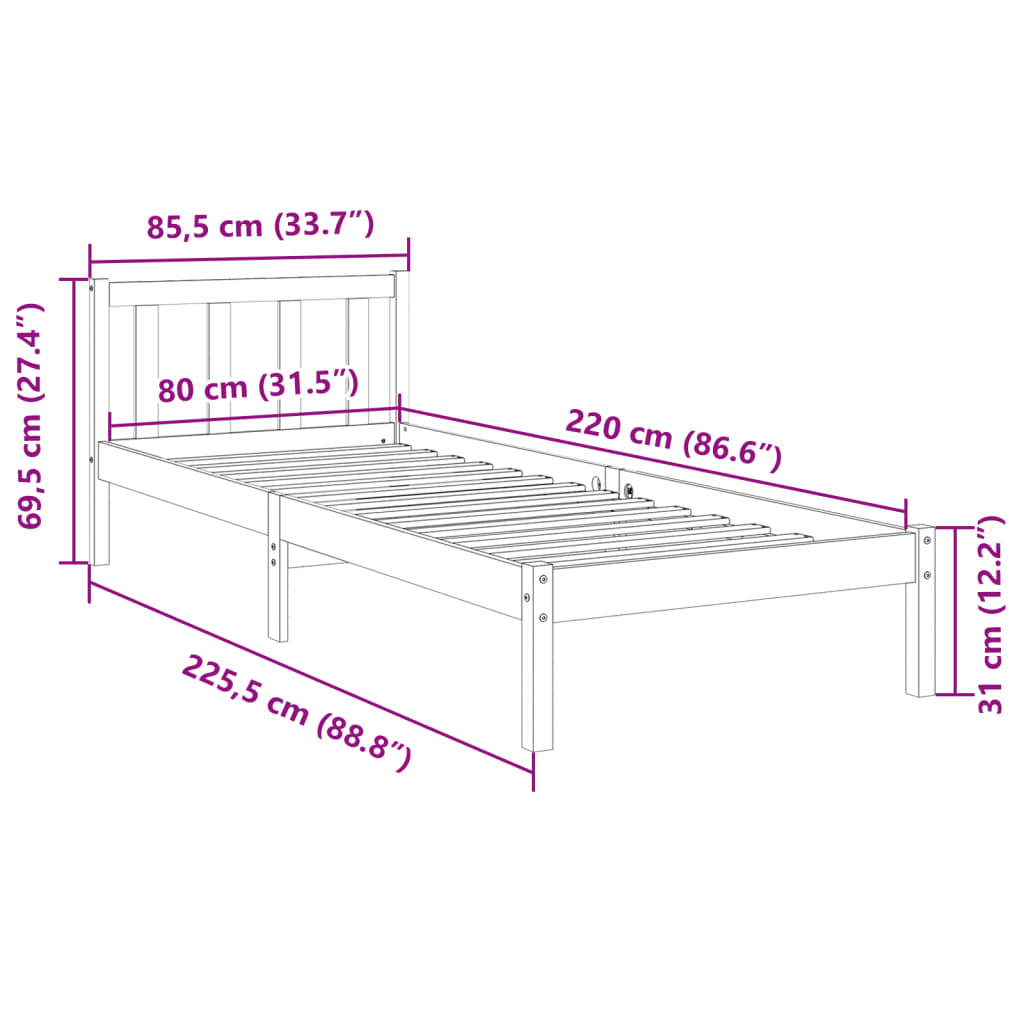 Cadre de lit extra long sans matelas 80x220 cm bois massif pin