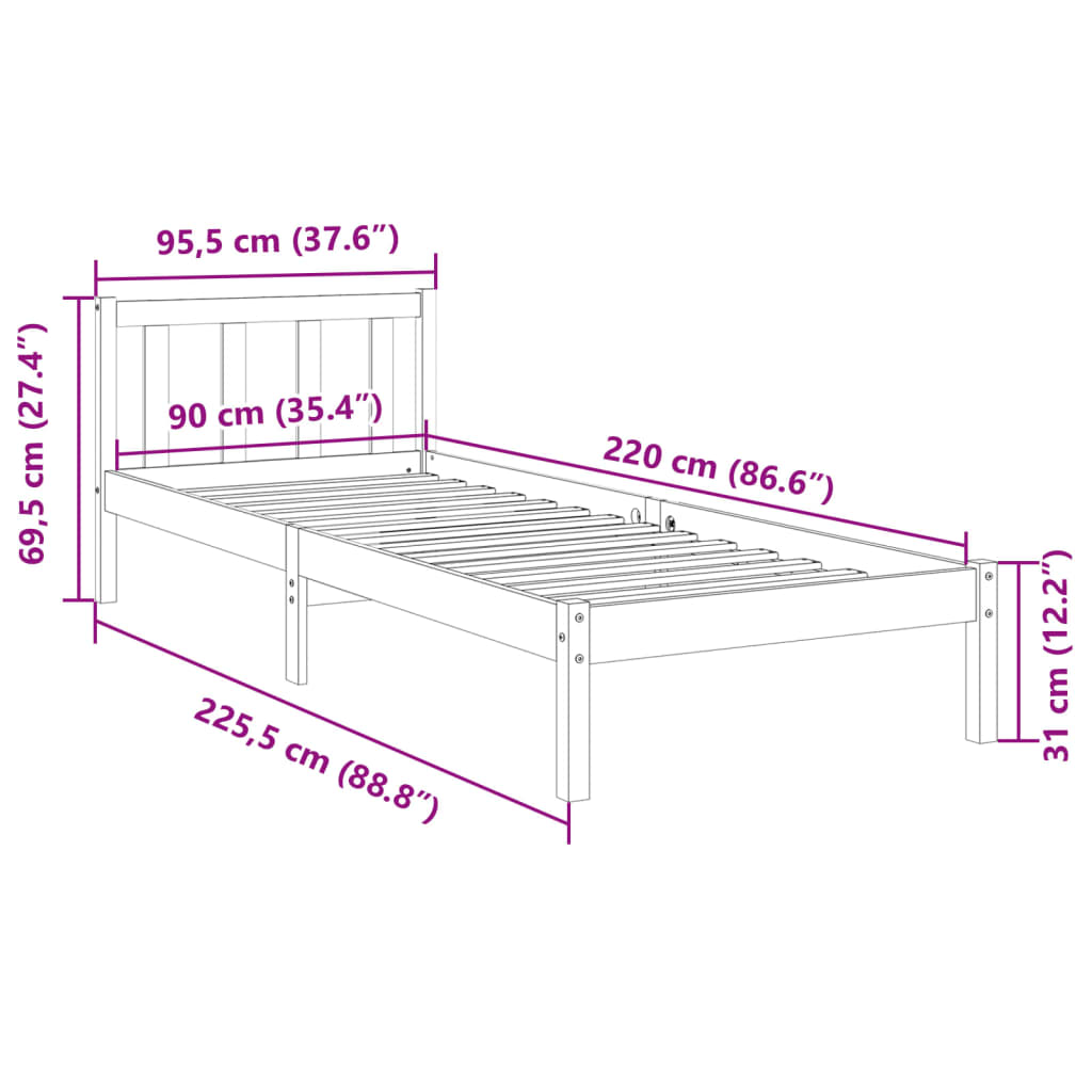 Cadre de lit extra long sans matelas 90x220 cm bois massif pin