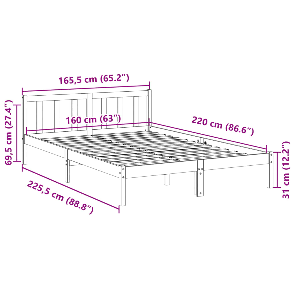 Cadre de lit extra long sans matelas 160x220 cm bois massif pin