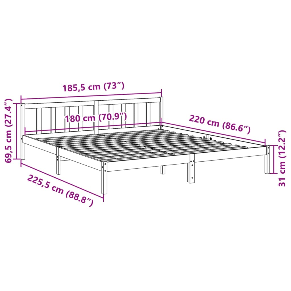 Cadre de lit extra long sans matelas 180x220 cm bois massif pin