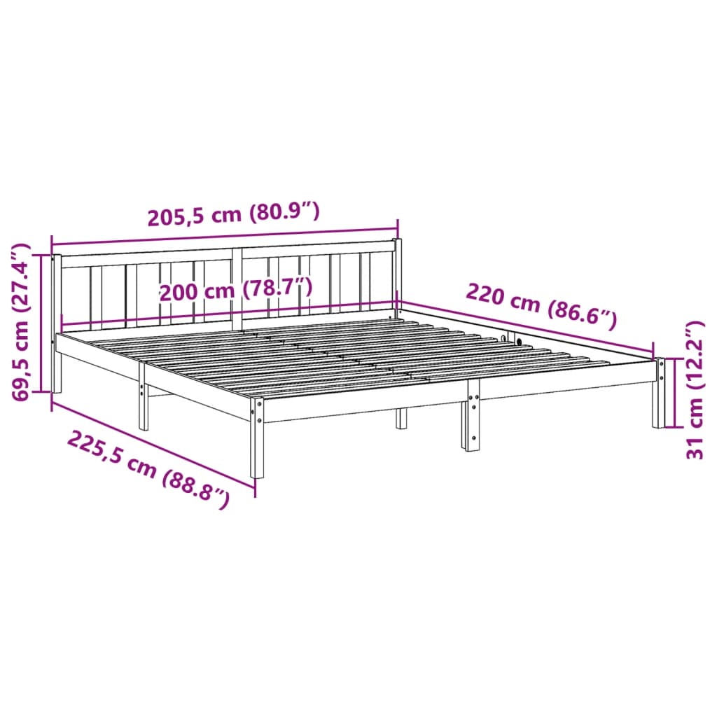 Cadre de lit extra long sans matelas 200x220 cm bois massif pin