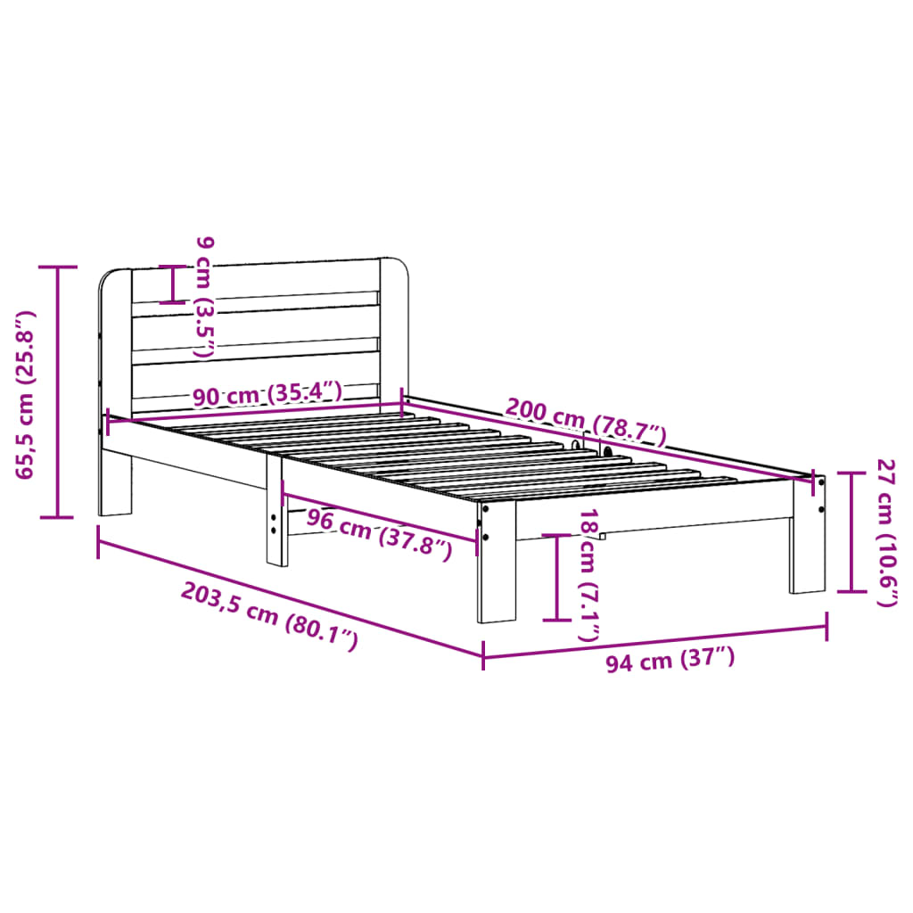 Cadre de lit sans matelas 90x200 cm bois de pin massif