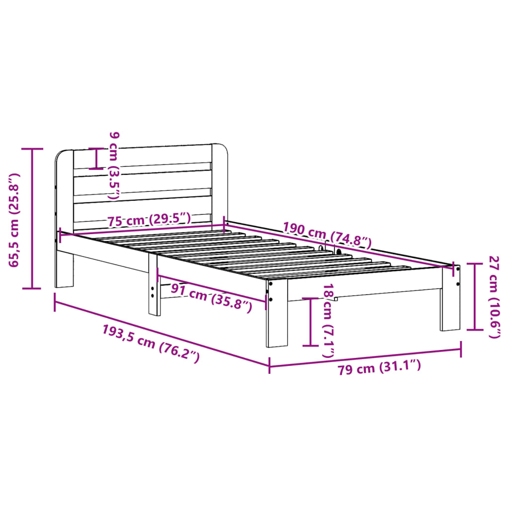 Cadre de lit sans matelas blanc 75x190 cm bois de pin massif