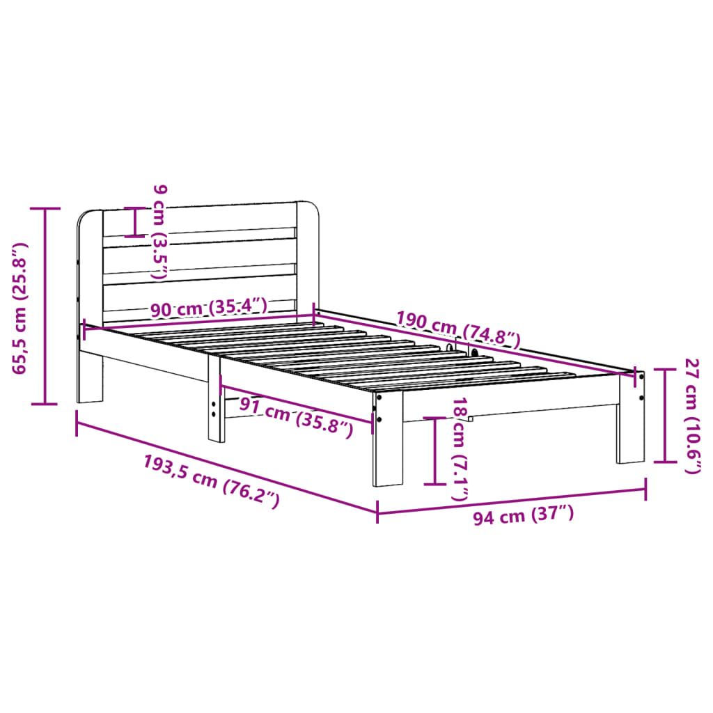 Cadre de lit sans matelas 90x190 cm bois de pin massif