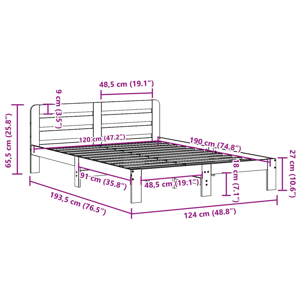 Cadre de lit sans matelas cire marron 120x190cm bois pin massif