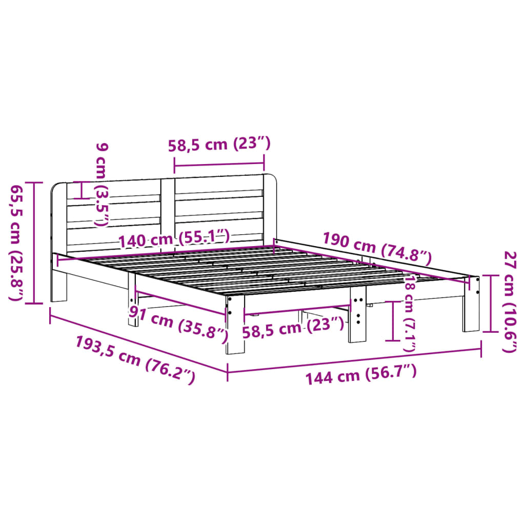 Cadre de lit sans matelas cire marron 140x190cm bois pin massif