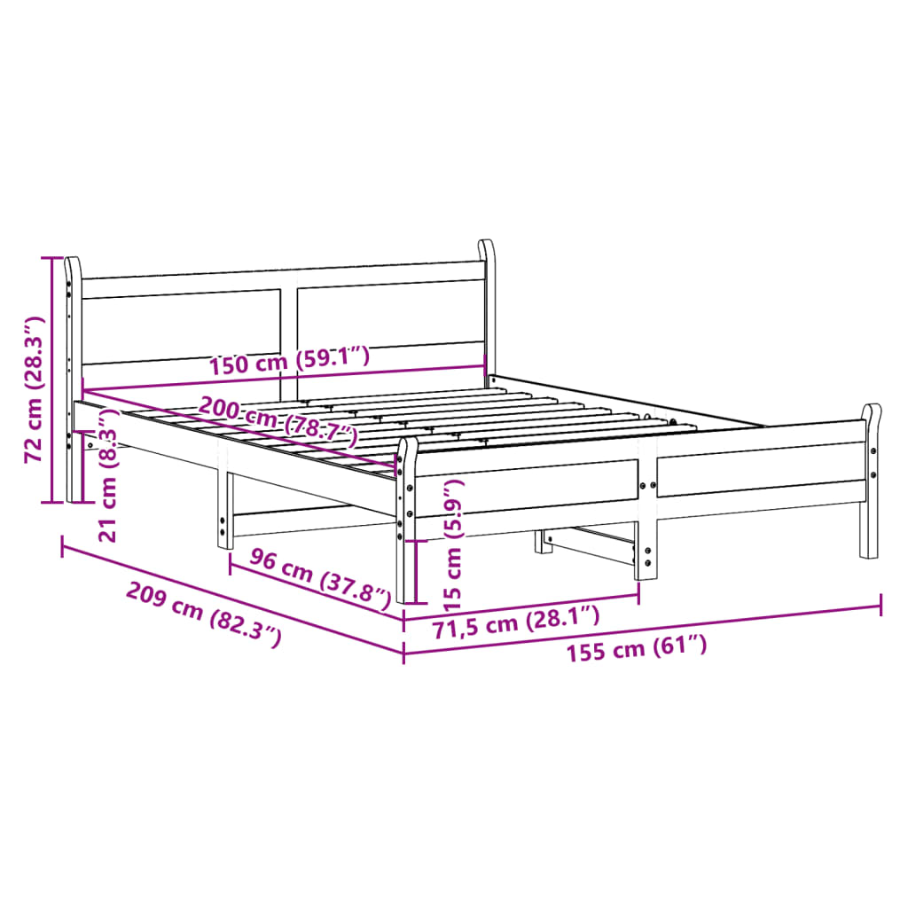 Bettgestell ohne weiße Matratze 150x200 cm aus massivem Kiefernholz