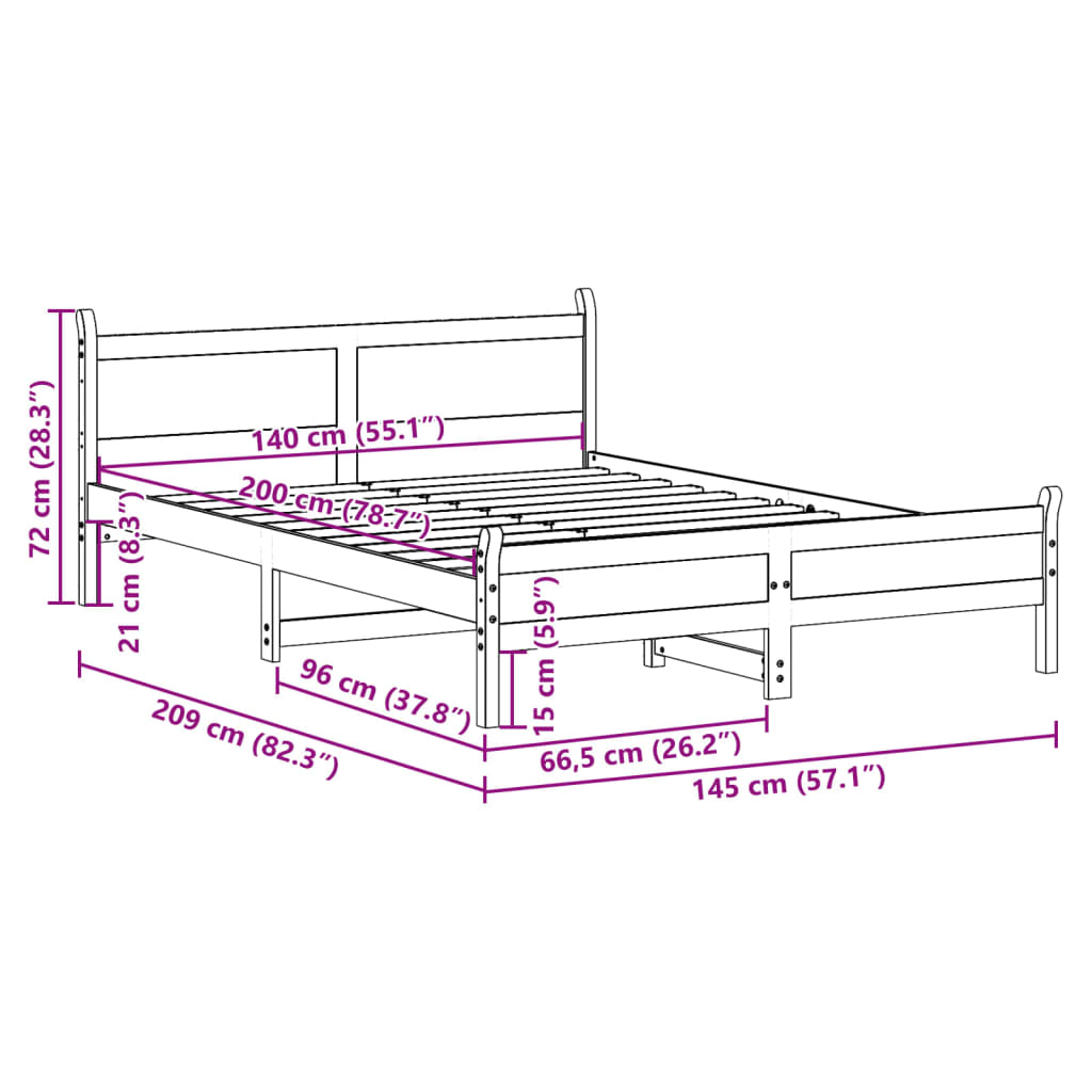 Bettgestell ohne Matratze 140x200 cm aus massivem Kiefernholz