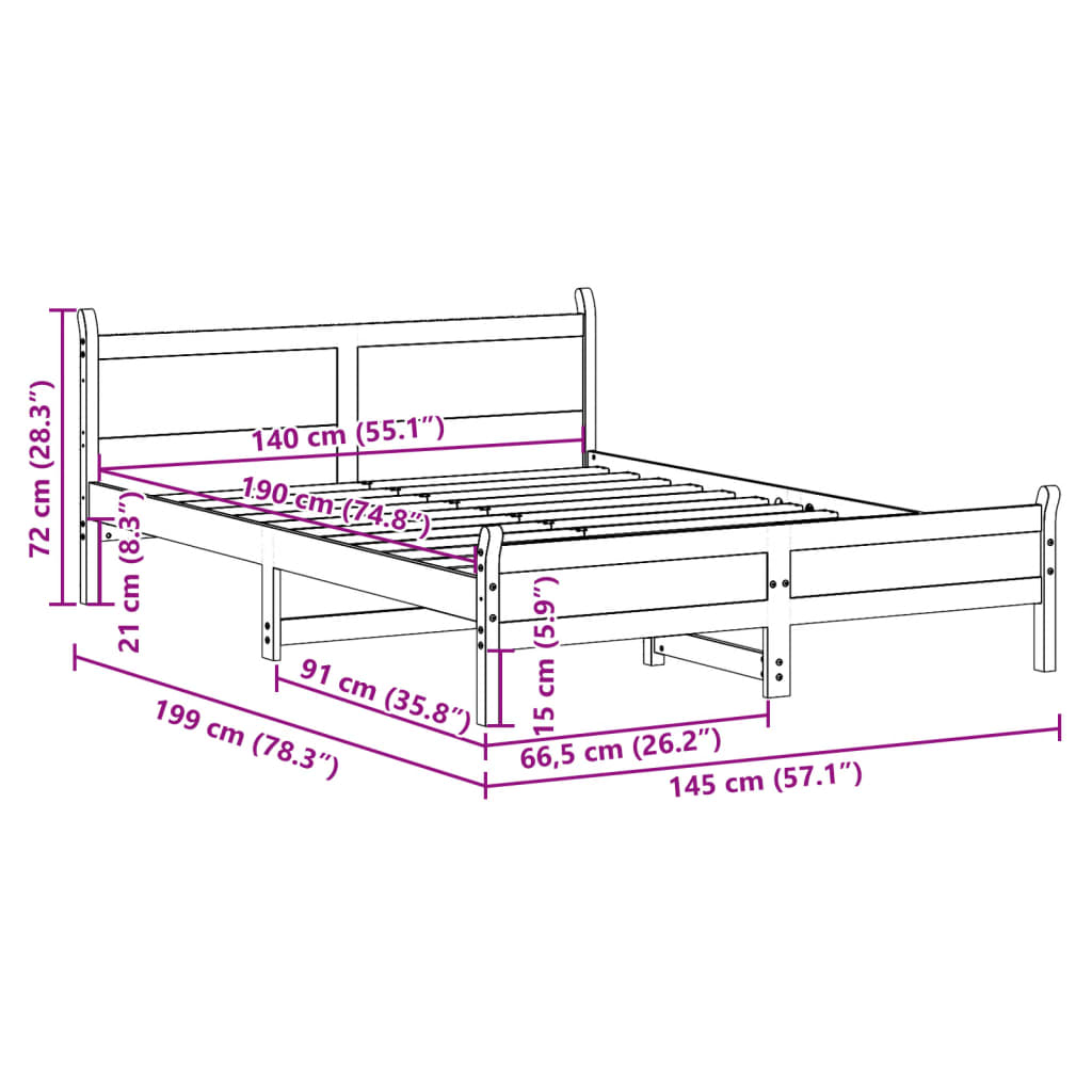 Bettgestell ohne Matratze 140x190 cm aus massivem Kiefernholz