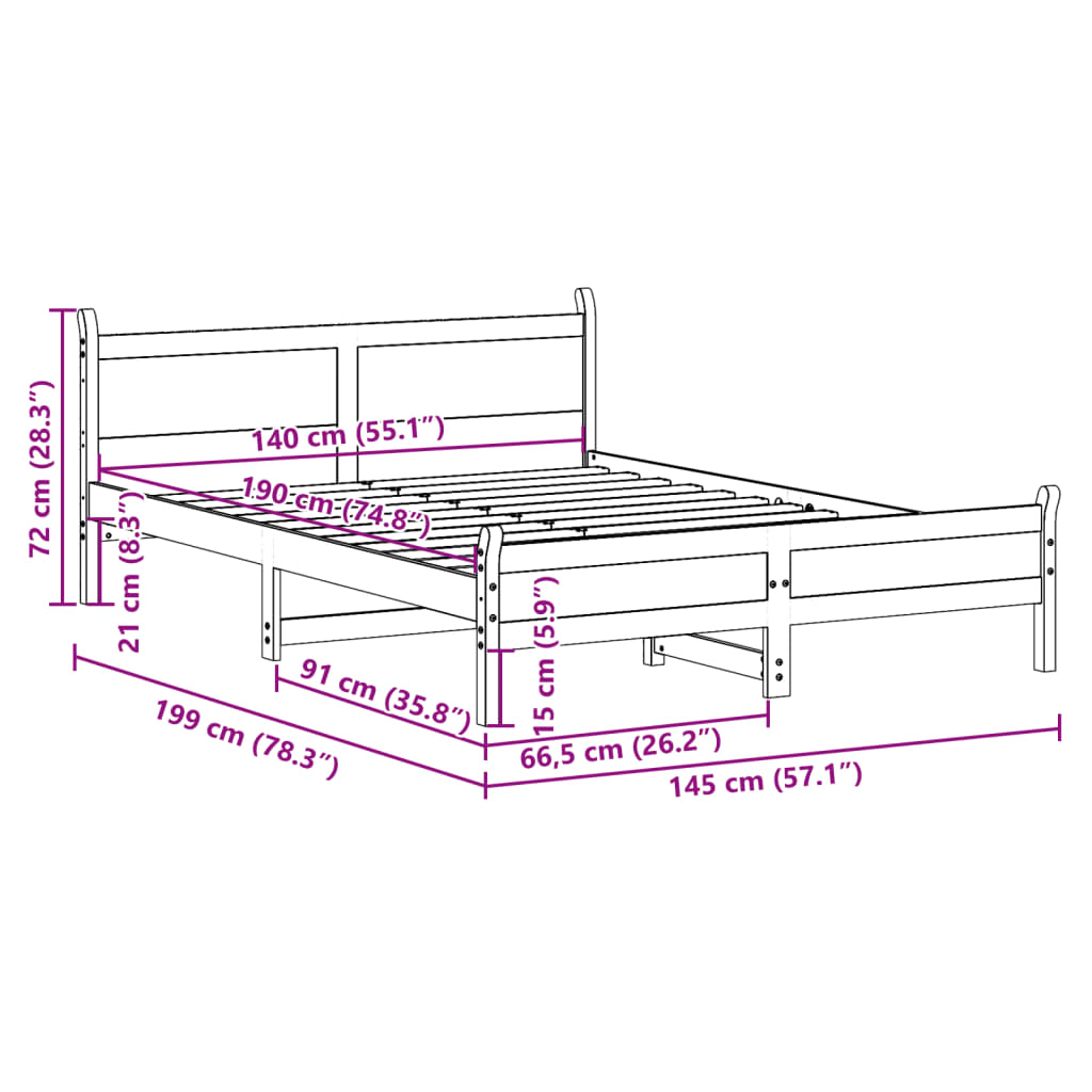 Cadre de lit sans matelas cire marron 140x190cm bois pin massif