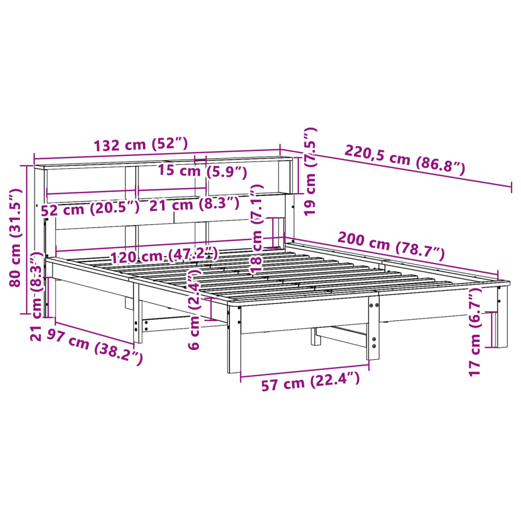 Bücherregalbett ohne Matratze 120x200 cm aus massivem Kiefernholz