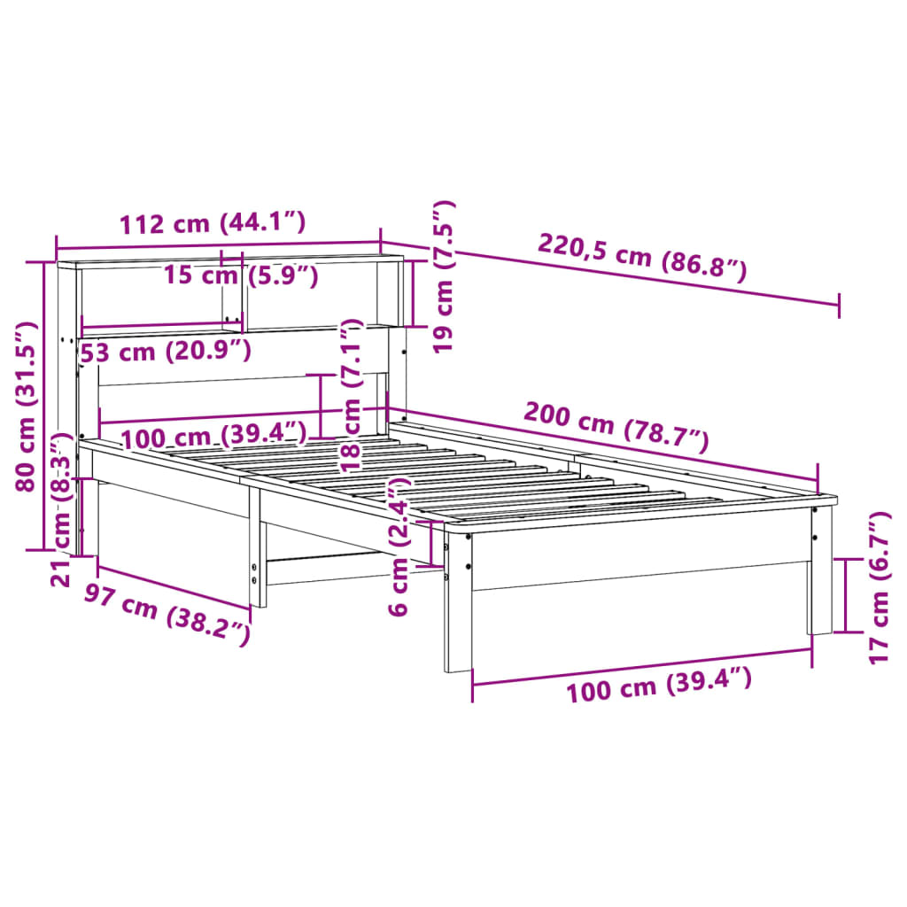 Bücherregalbett ohne Matratze 100x200 cm aus massivem Kiefernholz