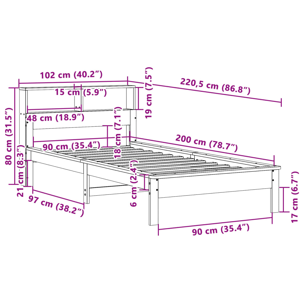 Bücherregalbett ohne Matratze weiß 90x200cm aus massivem Kiefernholz