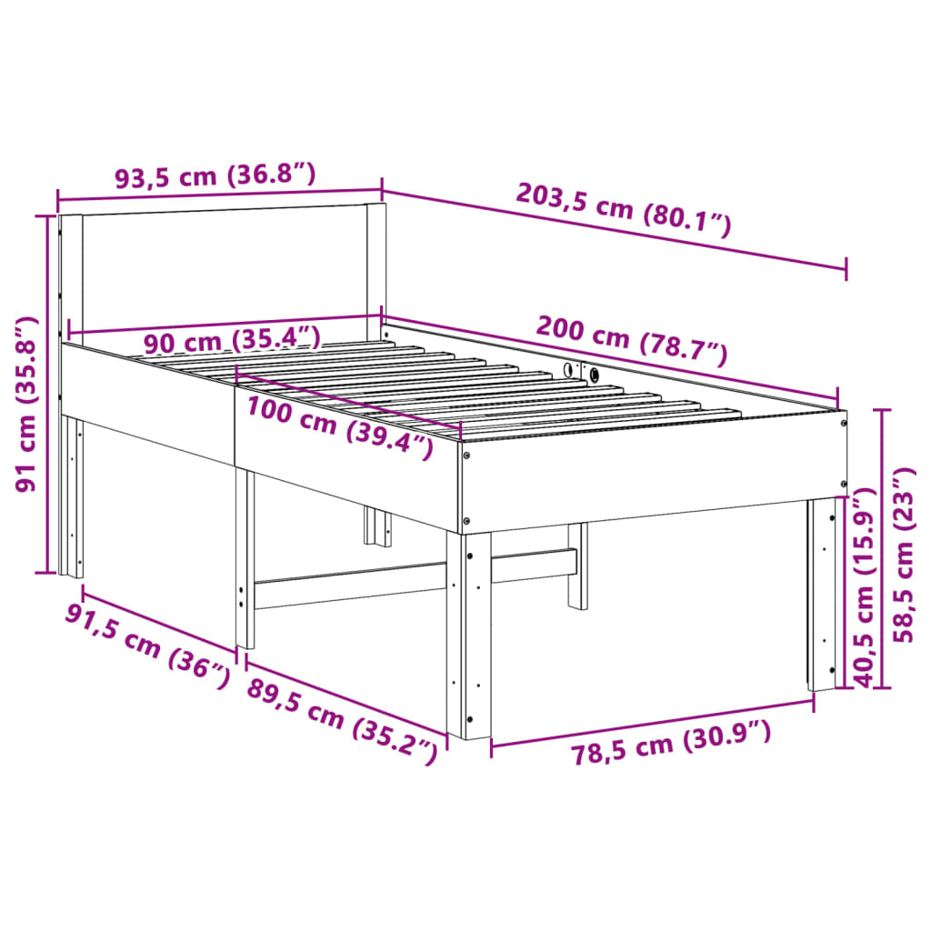 Bettgestell ohne Matratze, braunes Wachs, 90 x 200 cm, massives Kiefernholz