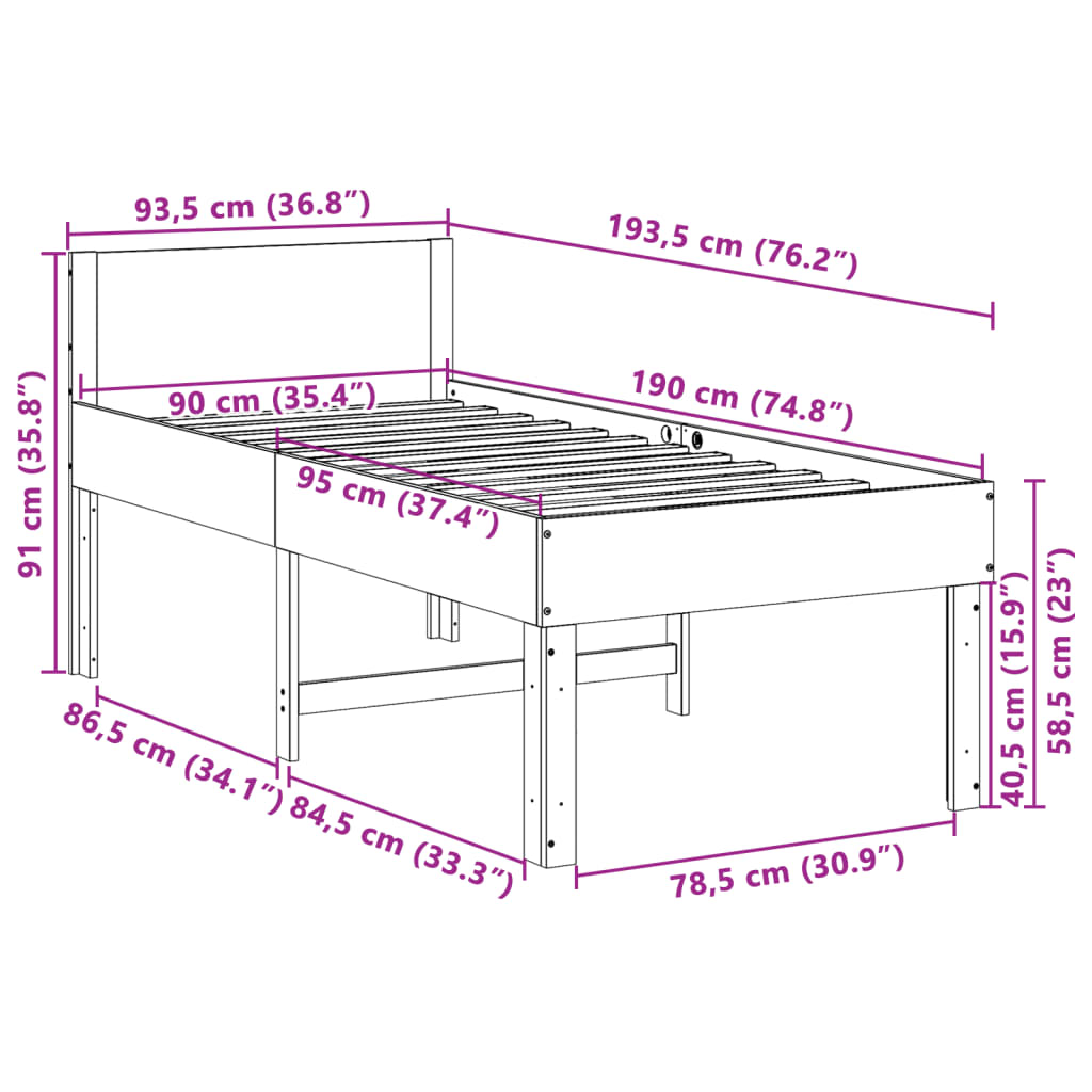 Bed frame without mattress 90x190 cm solid pine wood