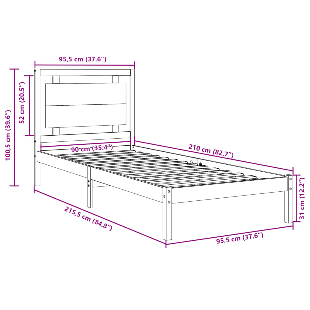 Cadre de lit extra long sans matelas 90x210 cm bois massif