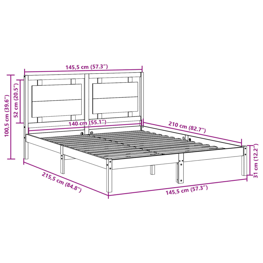 Cadre de lit extra long sans matelas 140x210 cm bois massif