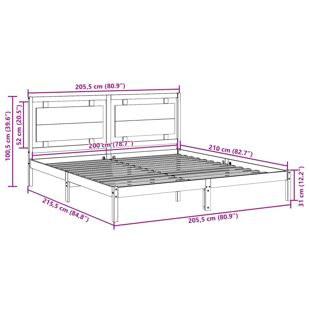 Cadre de lit extra long sans matelas 200x210 cm bois massif