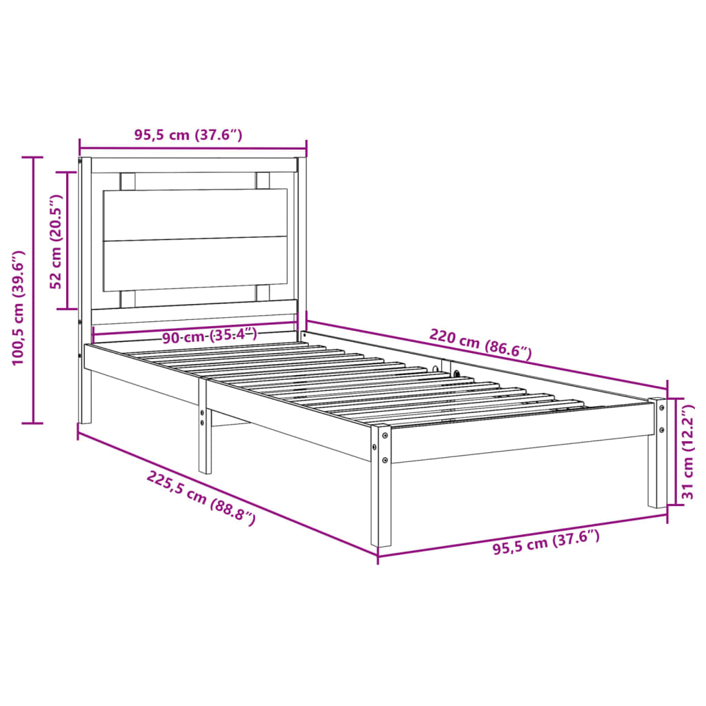 Cadre de lit extra long sans matelas 90x220 cm bois massif