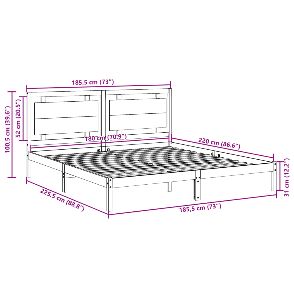 Cadre de lit extra long sans matelas 180x220 cm bois massif