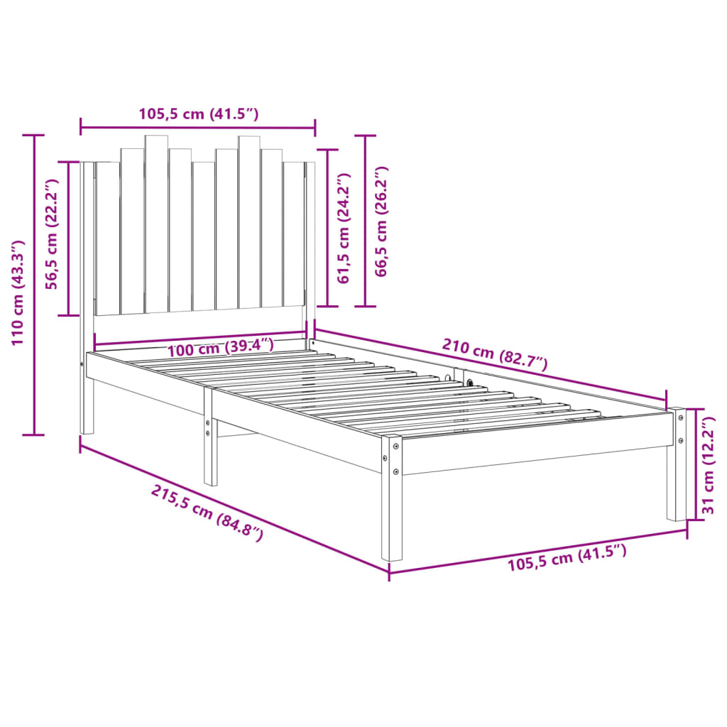 Cadre de lit extra long sans matelas 100x210 cm bois massif