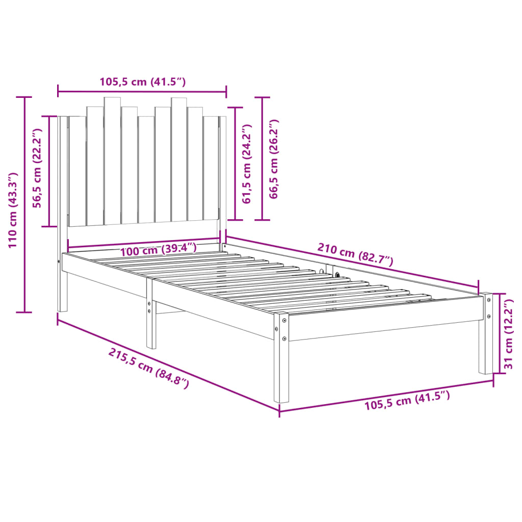 Extra langer Bettrahmen ohne Matratze 100x210 cm Massivholz