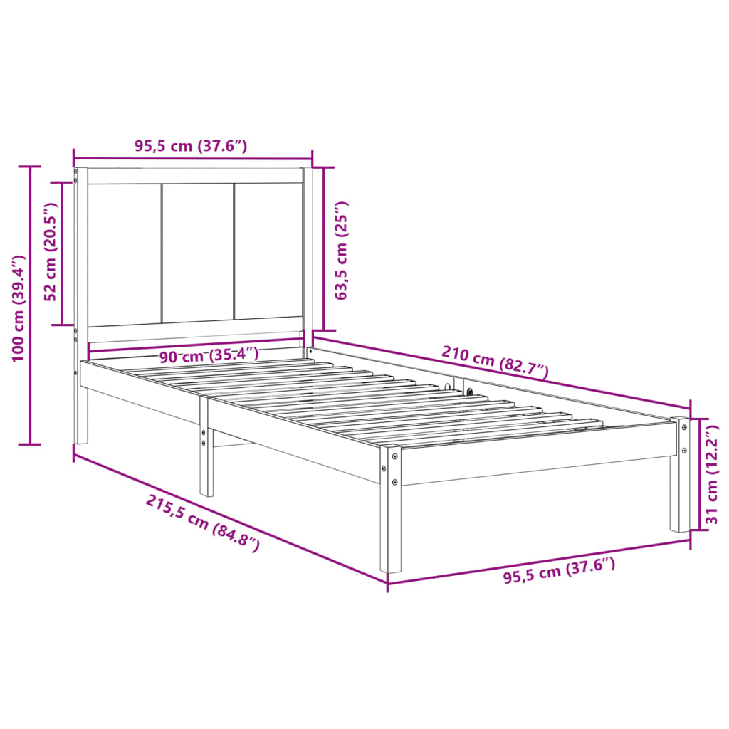 Cadre de lit extra long sans matelas 90x210 cm bois massif