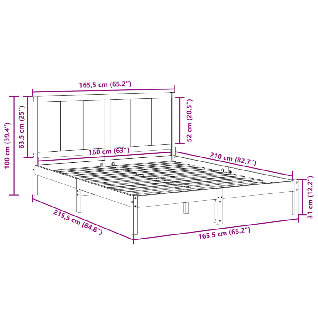 Cadre de lit extra long sans matelas 160x210 cm bois massif