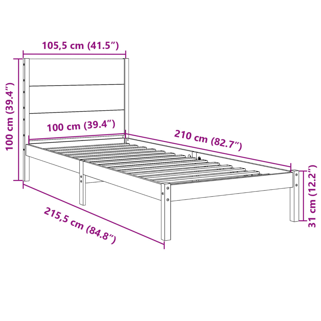 Extra langer Bettrahmen ohne Matratze 100x210 cm Massivholz