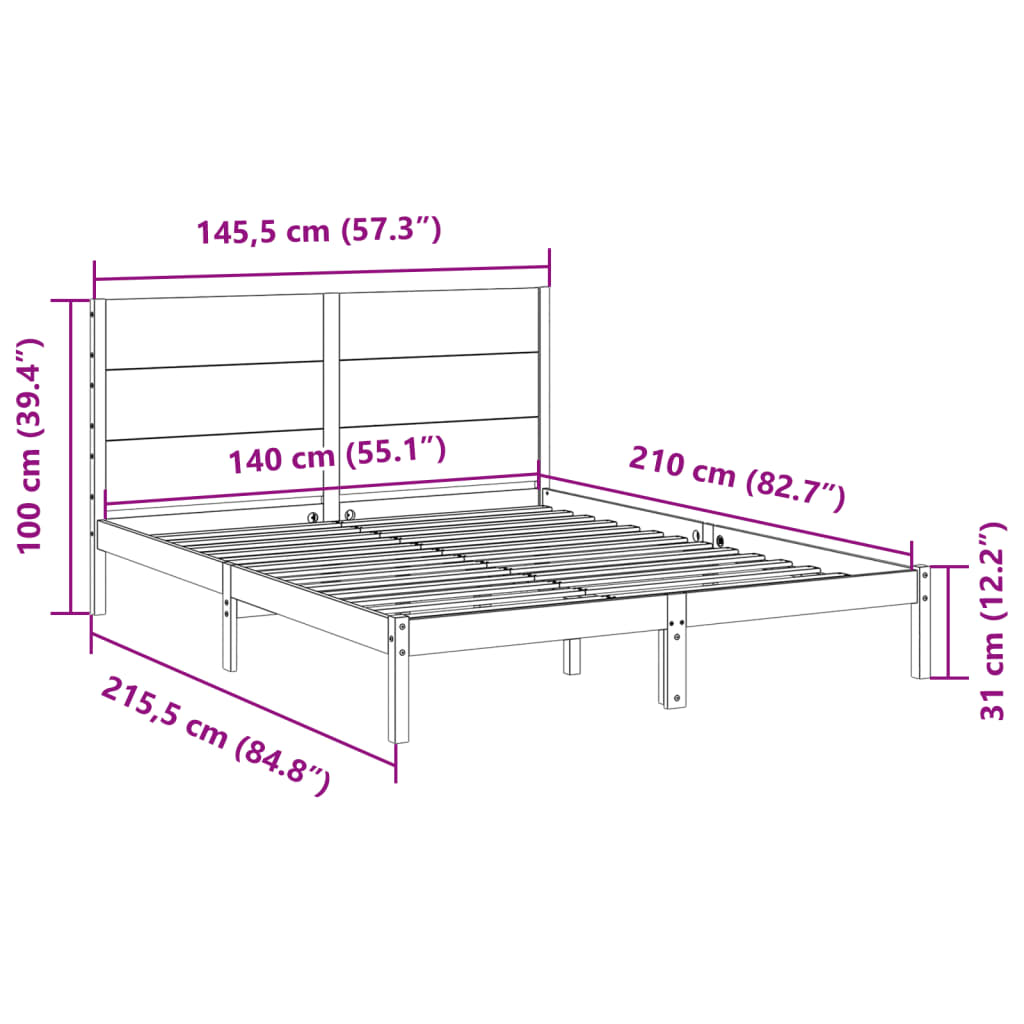 Cadre de lit extra long sans matelas 140x210 cm bois massif