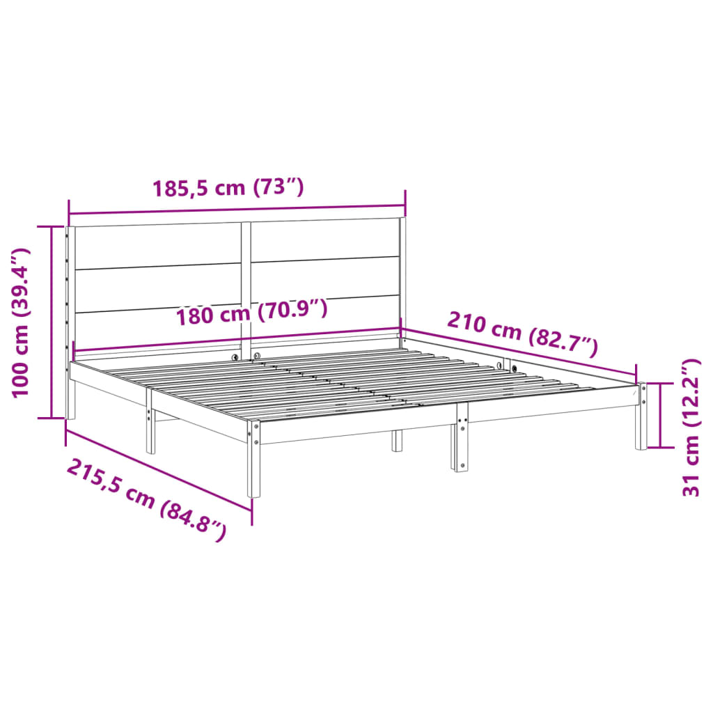 Cadre de lit extra long sans matelas 180x210 cm bois massif