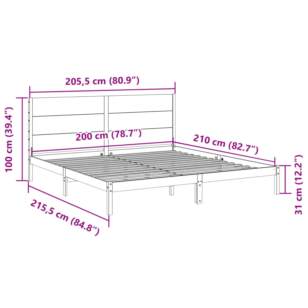 Cadre de lit extra long sans matelas 200x210 cm bois massif