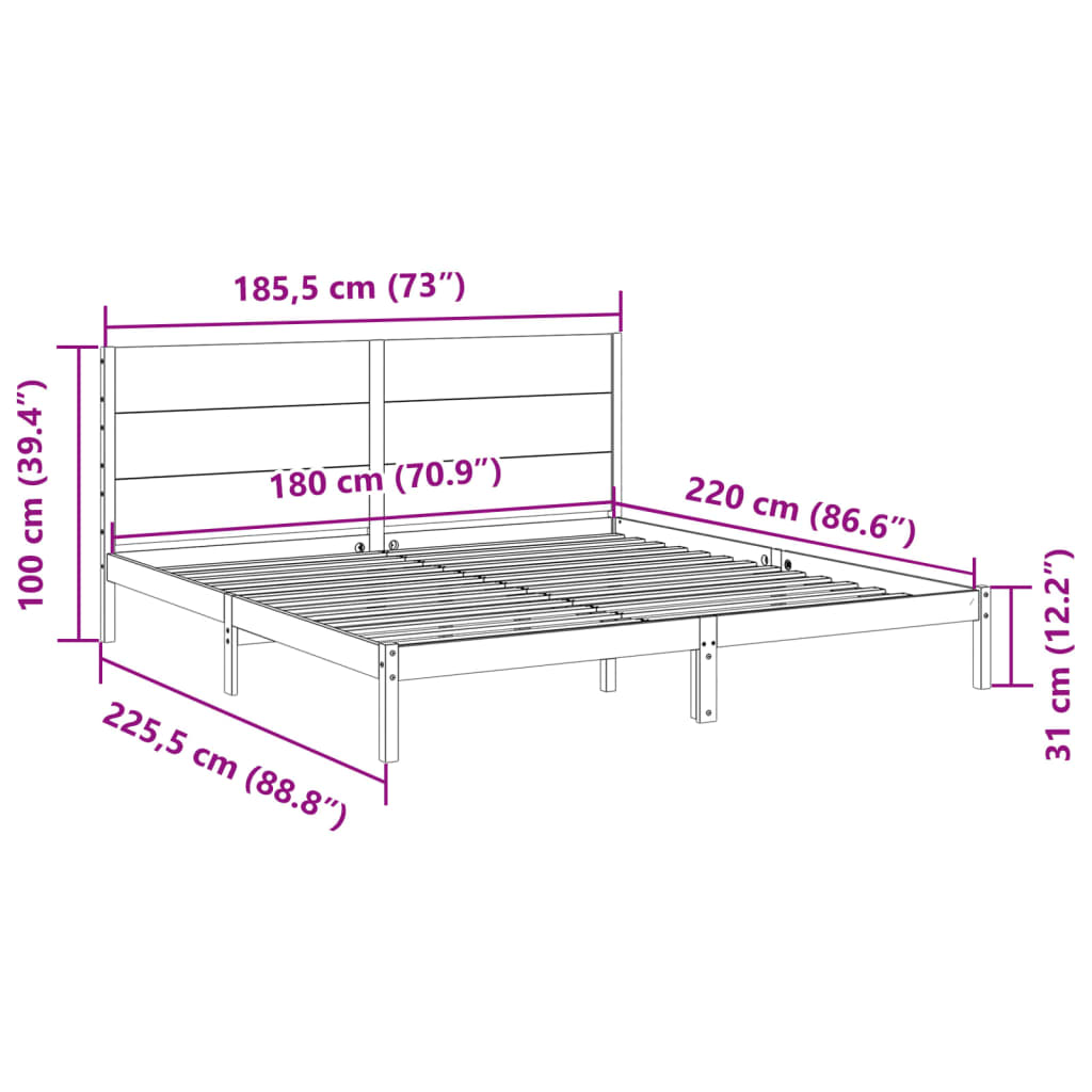 Cadre de lit extra long sans matelas 180x220 cm bois massif