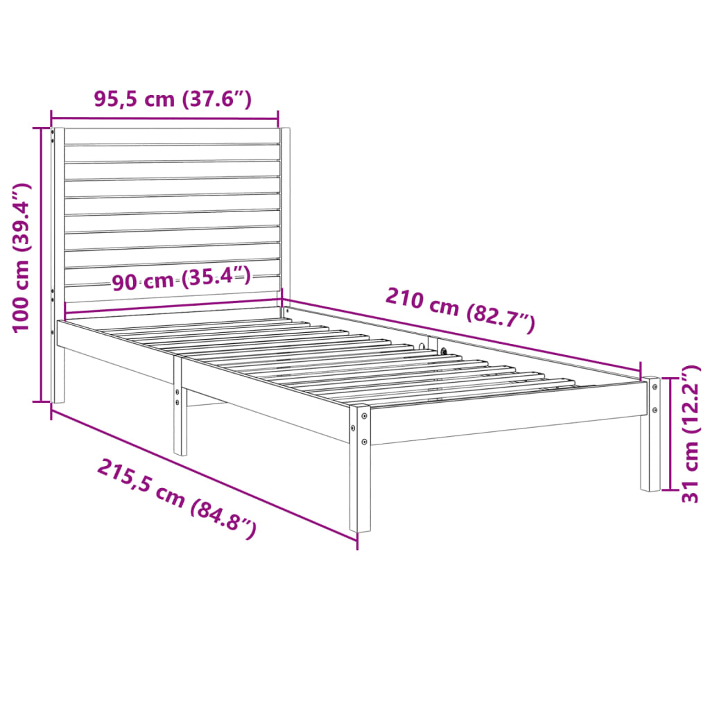 Cadre de lit extra long sans matelas 90x210 cm bois massif