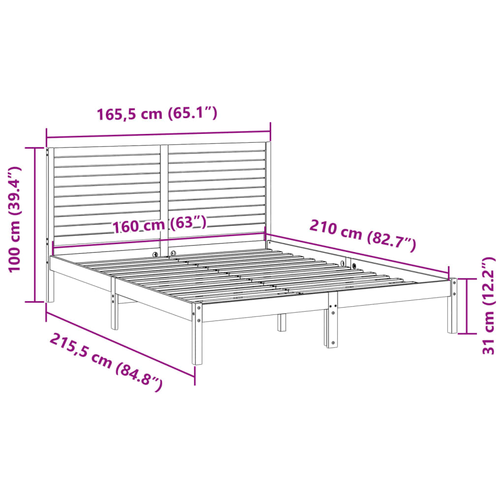 Cadre de lit extra long sans matelas 160x210 cm bois massif