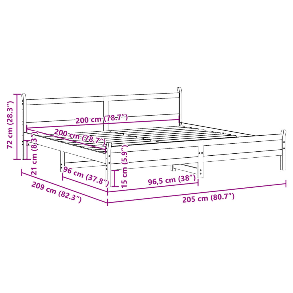 Bettgestell ohne Matratze 200x200 cm aus massivem Kiefernholz