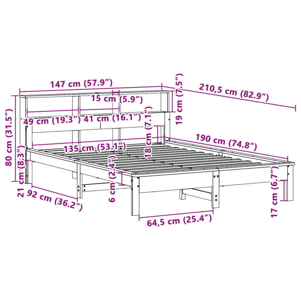 Cadre de lit sans matelas cire marron 135x190cm bois pin massif