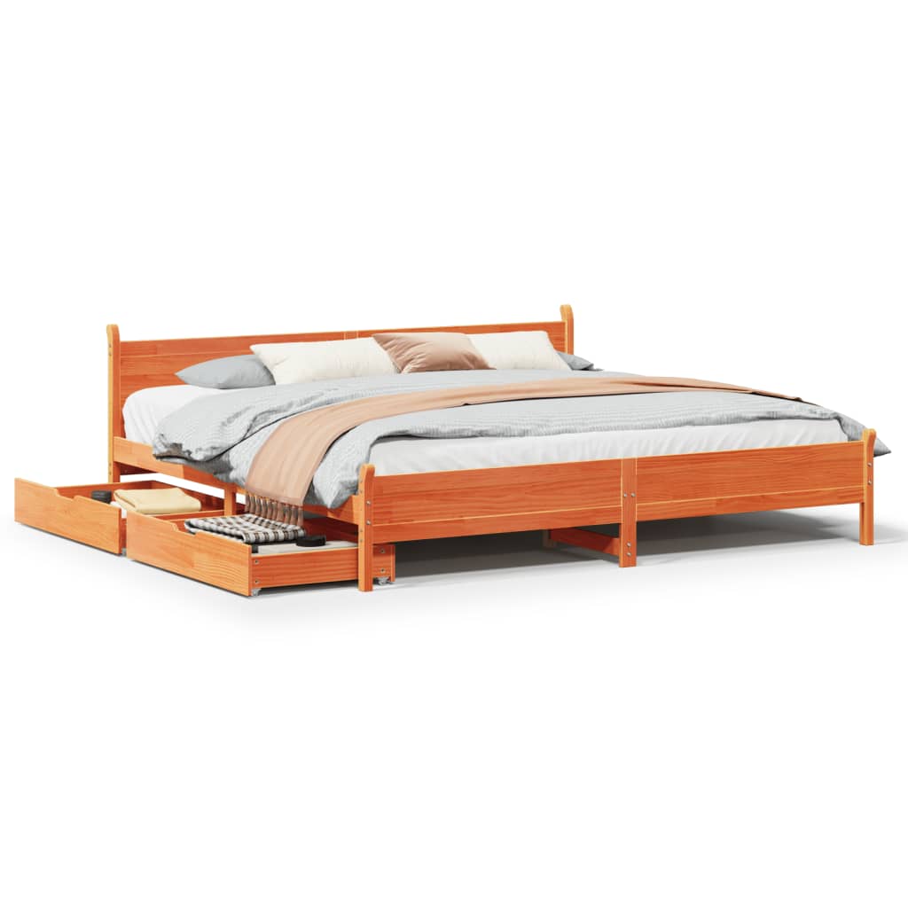 Bed frame without mattress brown wax 200x200cm solid pine wood