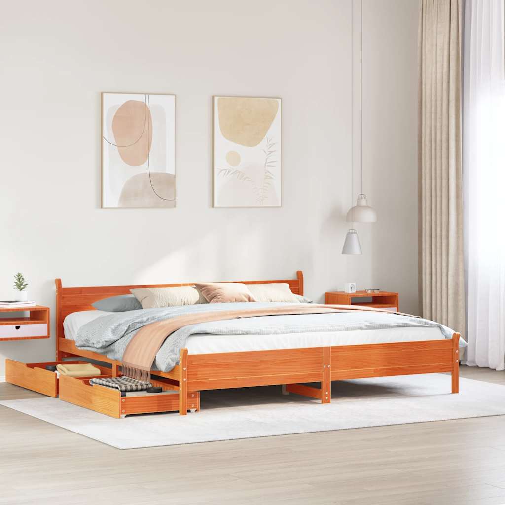 Bed frame without mattress brown wax 200x200cm solid pine wood