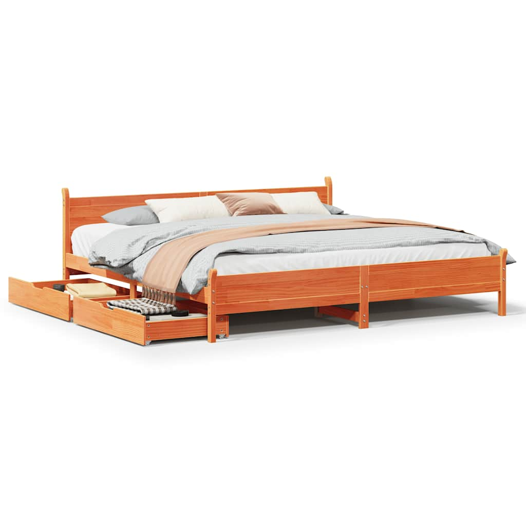 Bed frame without mattress brown wax 180x200cm solid pine wood