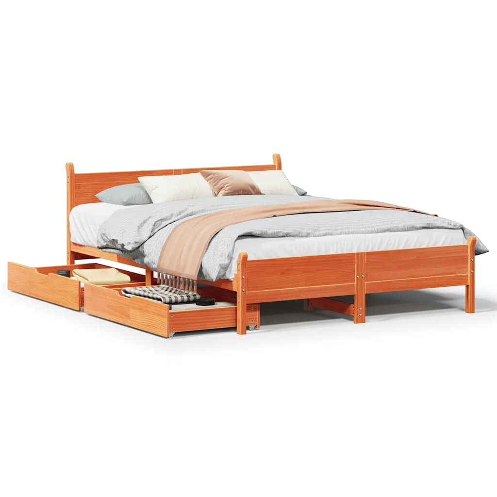 Bed frame without mattress brown wax 160x200cm solid pine wood