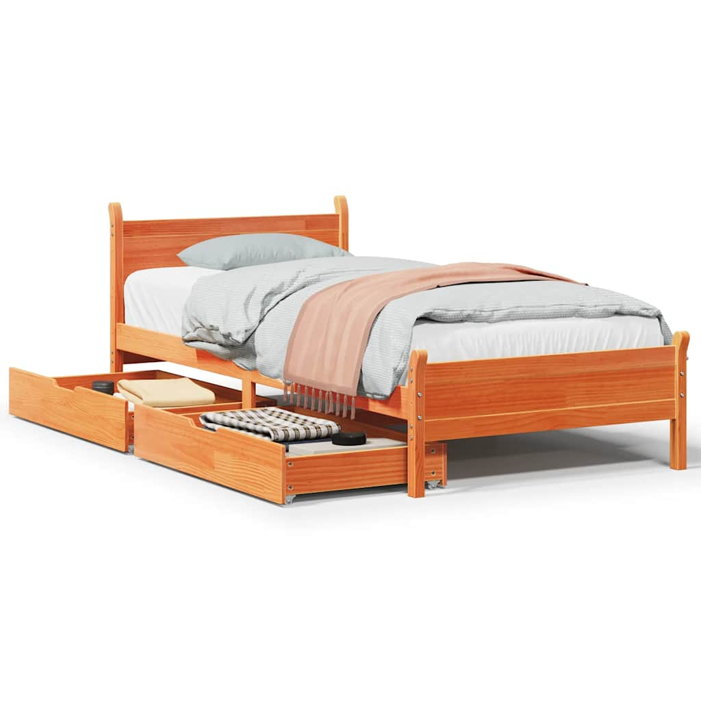 Bed frame without mattress brown wax 100x200cm solid pine wood