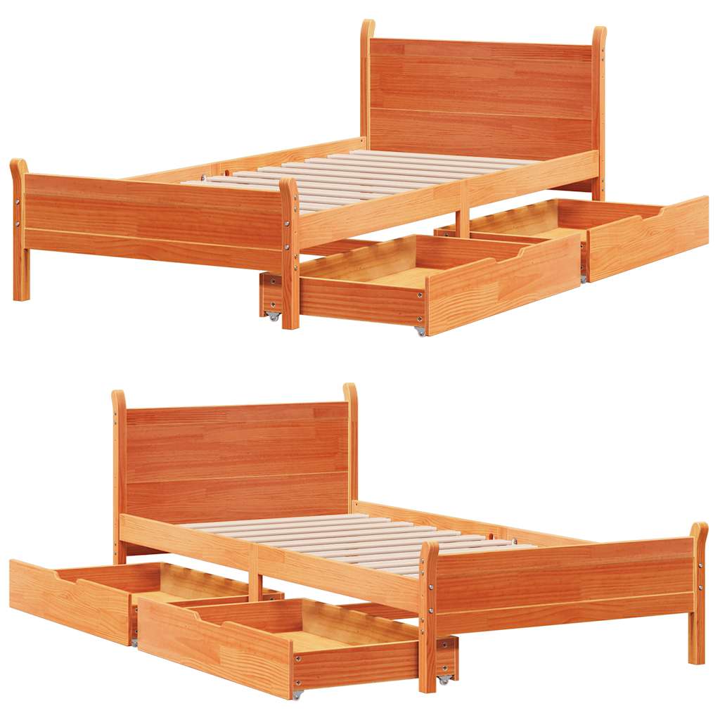 Bed frame without mattress brown wax 100x200cm solid pine wood