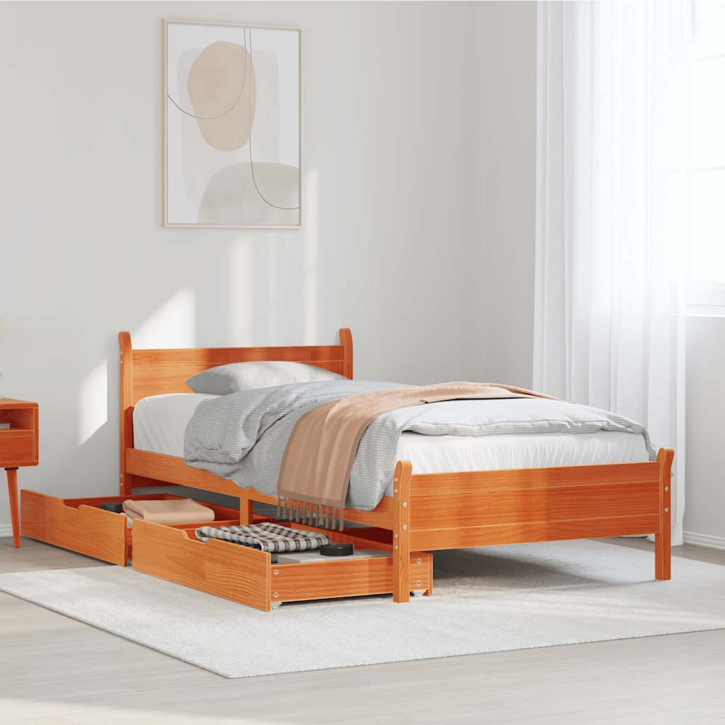 Bed frame without mattress brown wax 100x200cm solid pine wood