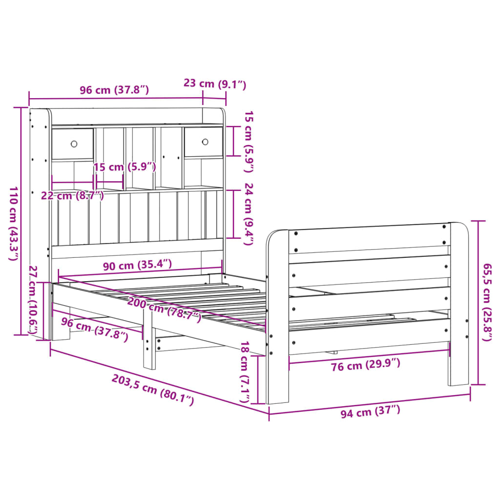 Lit bibliothèque sans matelas blanc 90x200cm bois de pin massif