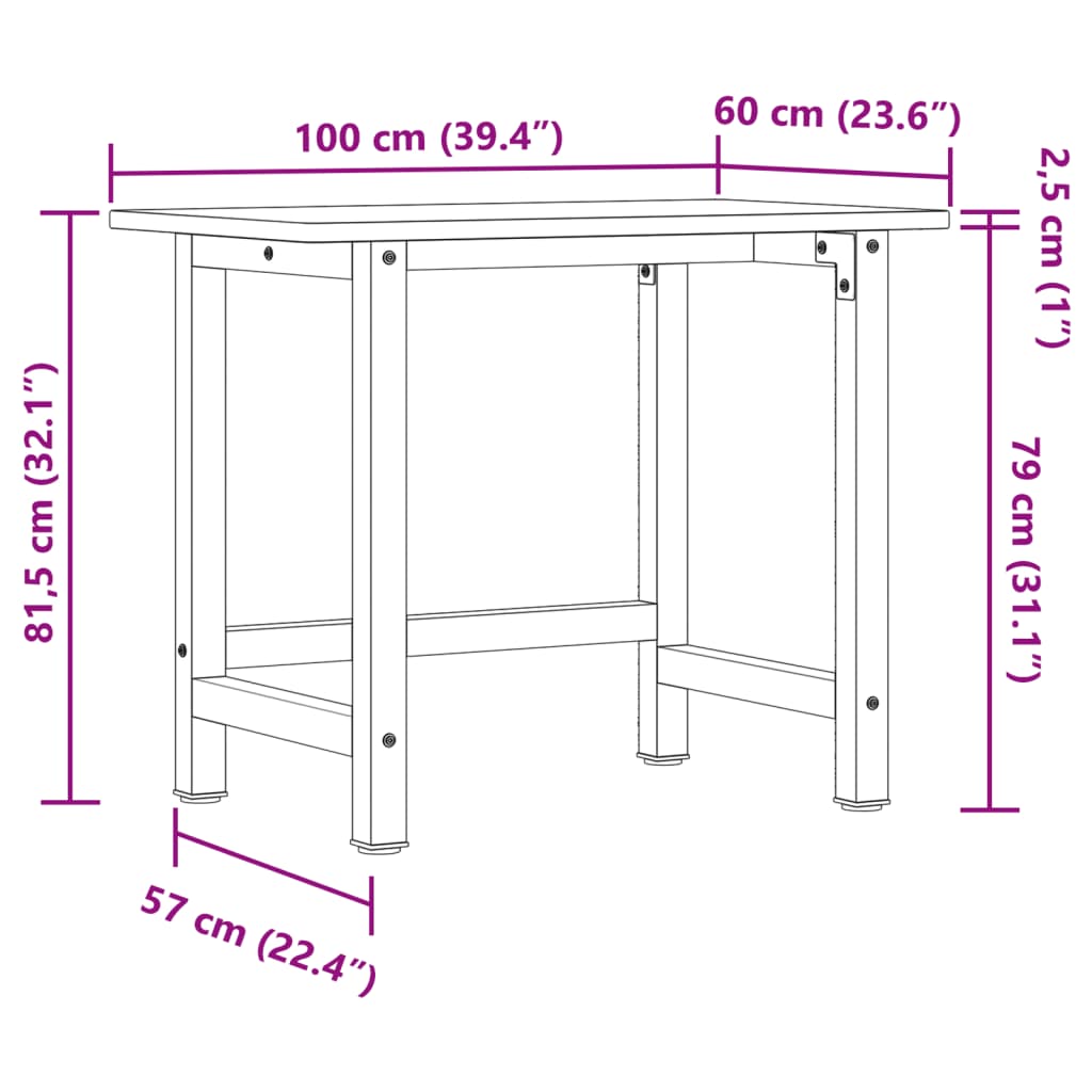 Werkbank 100x60x81,5 cm rechteckiges massives Eichenholz