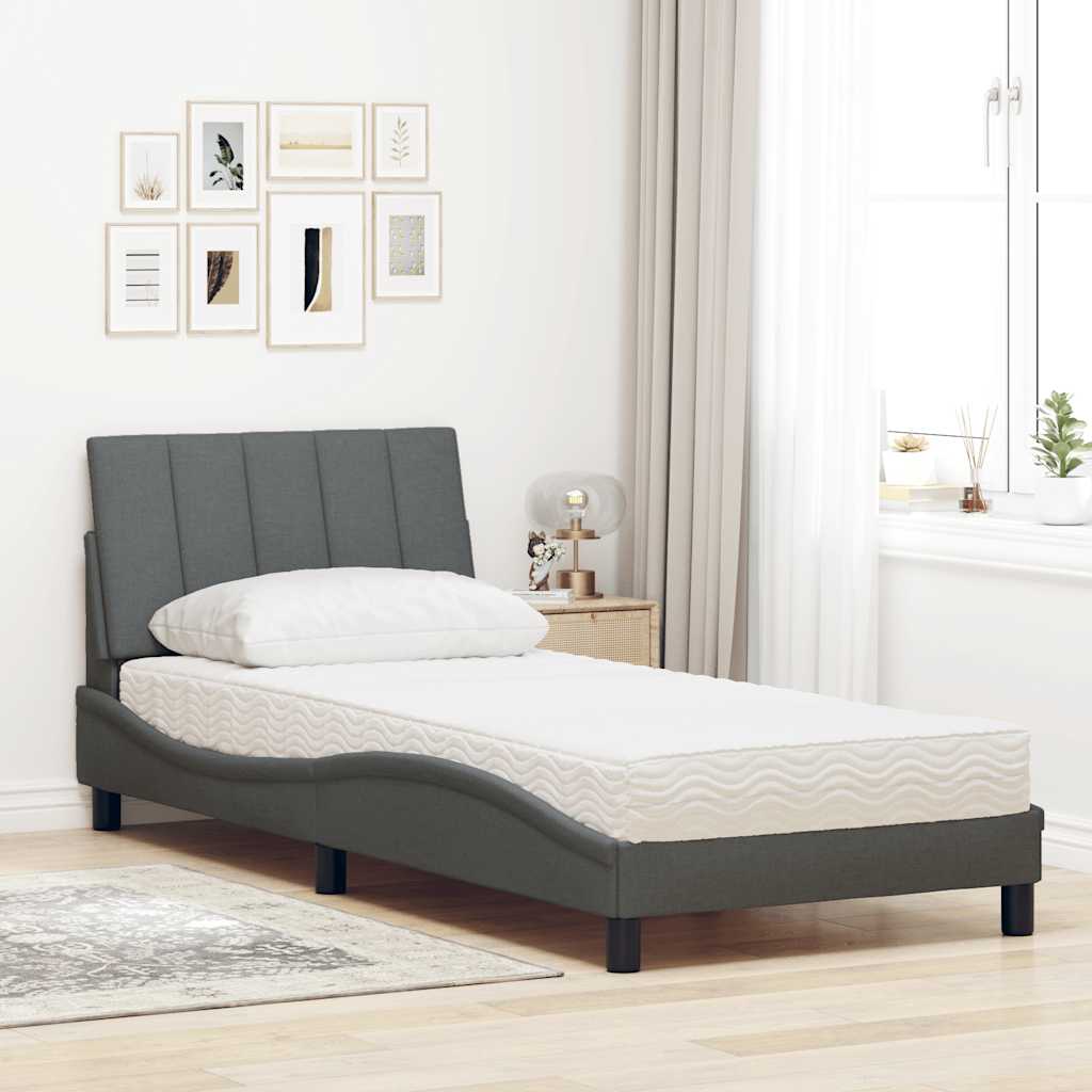 Bed with dark gray mattress 90x190 cm fabric